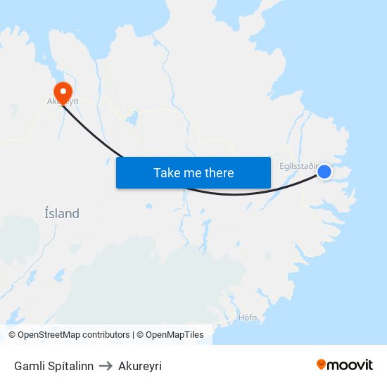 Hi Hostel Seyðisfjörður to Akureyri map