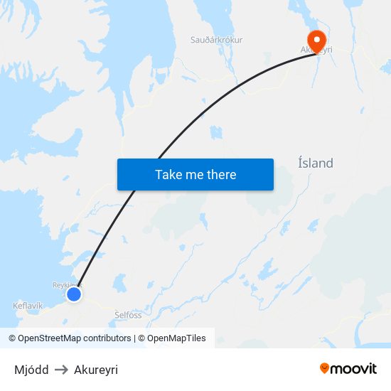 Mjódd to Akureyri map