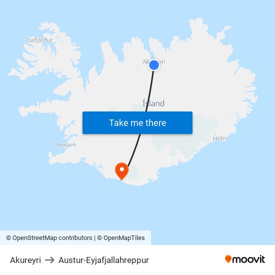 Akureyri to Austur-Eyjafjallahreppur map