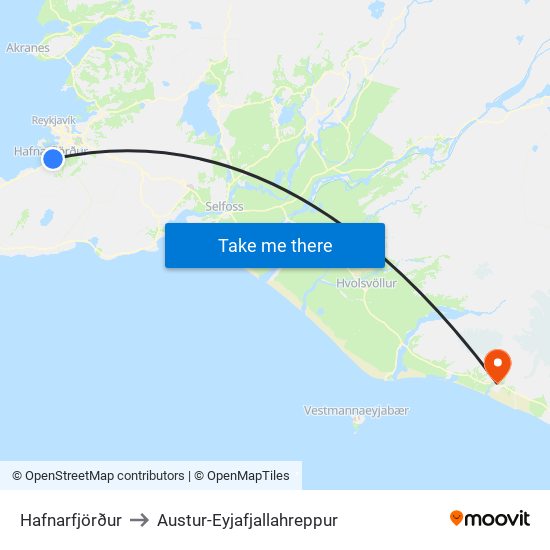 Hafnarfjörður to Austur-Eyjafjallahreppur map