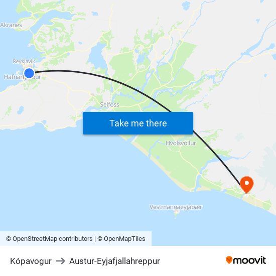 Kópavogur to Austur-Eyjafjallahreppur map
