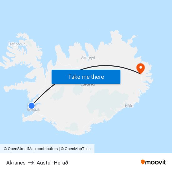 Akranes to Austur-Hérað map