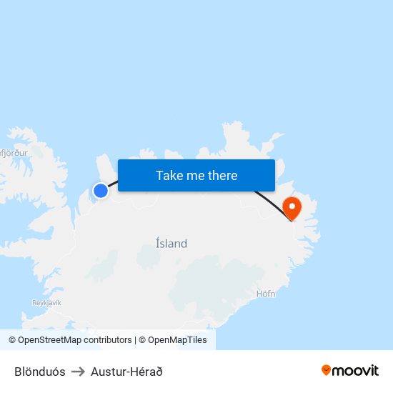Blönduós to Austur-Hérað map