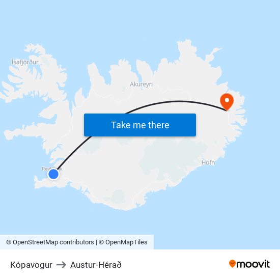 Kópavogur to Austur-Hérað map