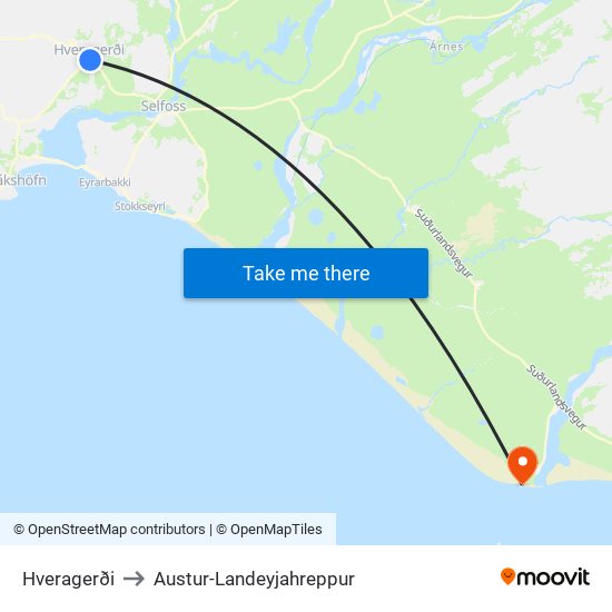 Hveragerði to Austur-Landeyjahreppur map