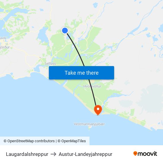 Laugardalshreppur to Austur-Landeyjahreppur map