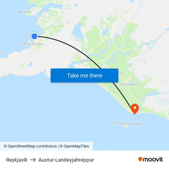 Reykjavík to Austur-Landeyjahreppur map