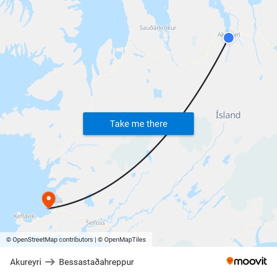 Akureyri to Bessastaðahreppur map