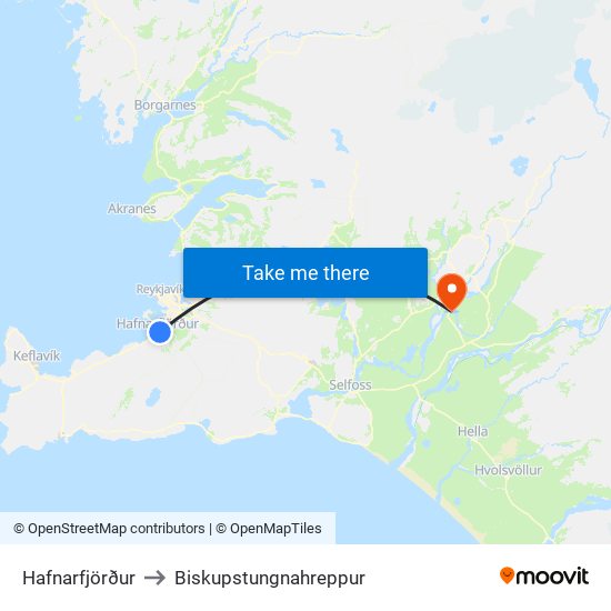 Hafnarfjörður to Biskupstungnahreppur map