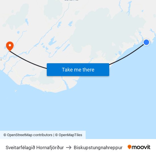 Sveitarfélagið Hornafjörður to Biskupstungnahreppur map