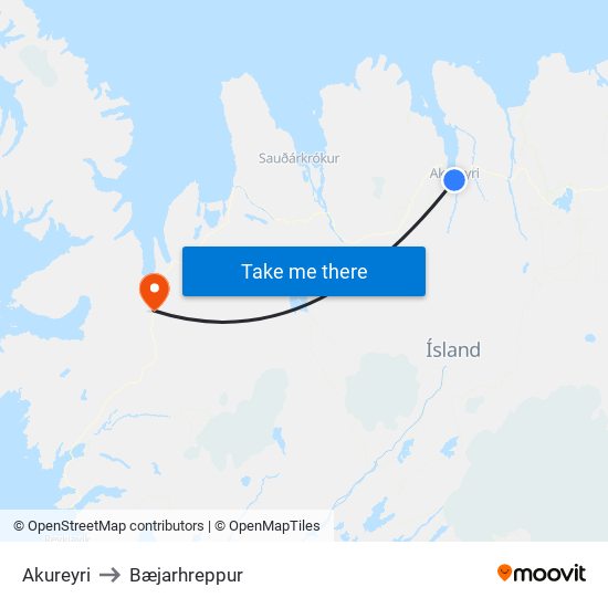 Akureyri to Bæjarhreppur map