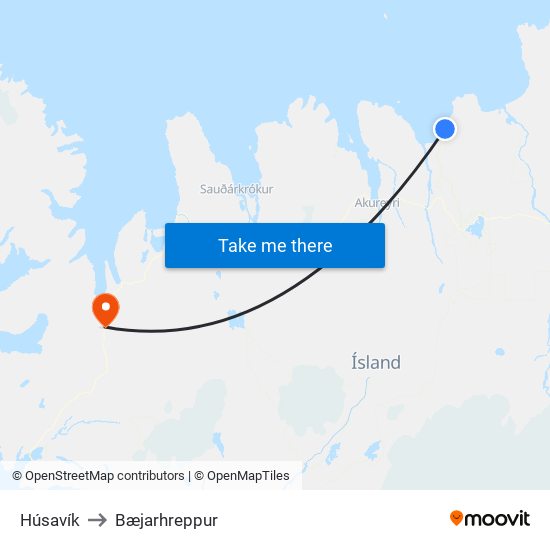 Húsavík to Bæjarhreppur map