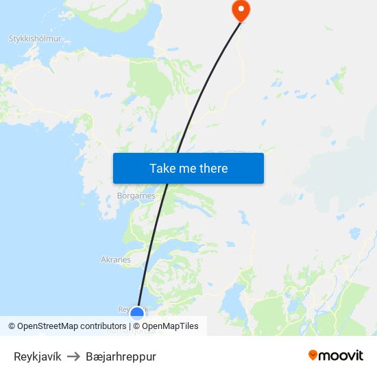 Reykjavík to Bæjarhreppur map