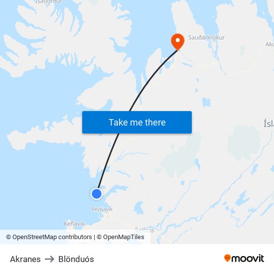 Akranes to Blönduós map