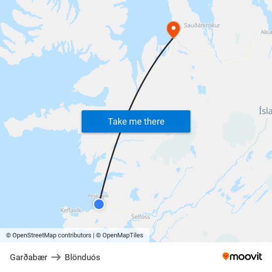 Garðabær to Blönduós map