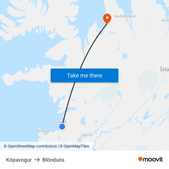 Kópavogur to Blönduós map