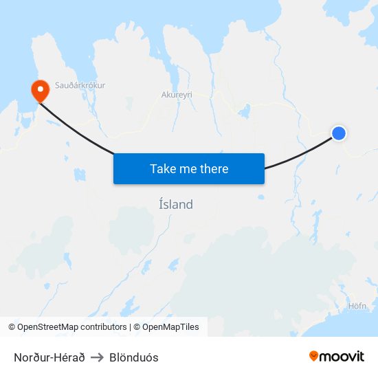 Norður-Hérað to Blönduós map