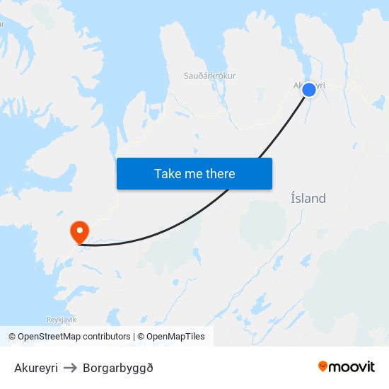 Akureyri to Borgarbyggð map