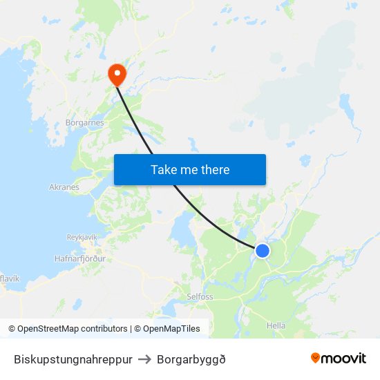 Biskupstungnahreppur to Borgarbyggð map