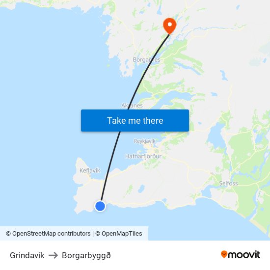 Grindavík to Borgarbyggð map
