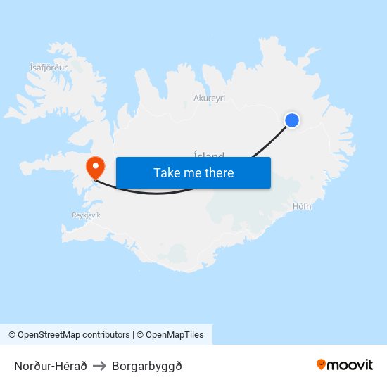 Norður-Hérað to Borgarbyggð map