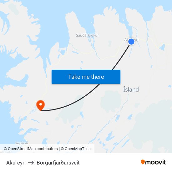 Akureyri to Borgarfjarðarsveit map