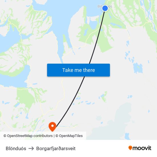 Blönduós to Borgarfjarðarsveit map