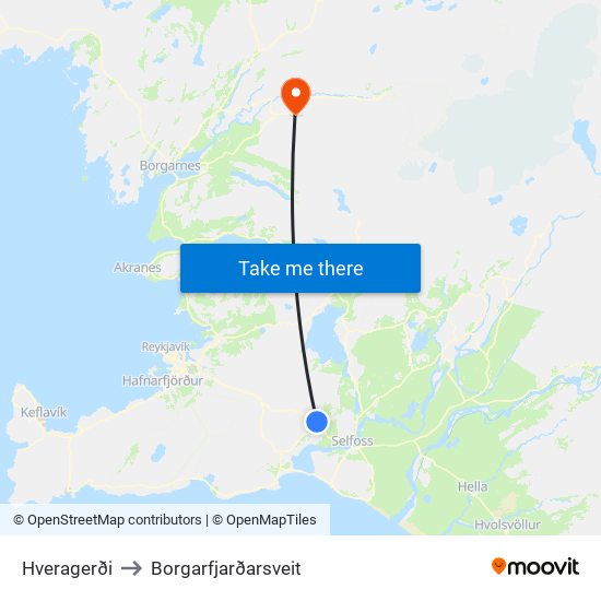 Hveragerði to Borgarfjarðarsveit map