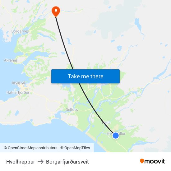 Hvolhreppur to Borgarfjarðarsveit map