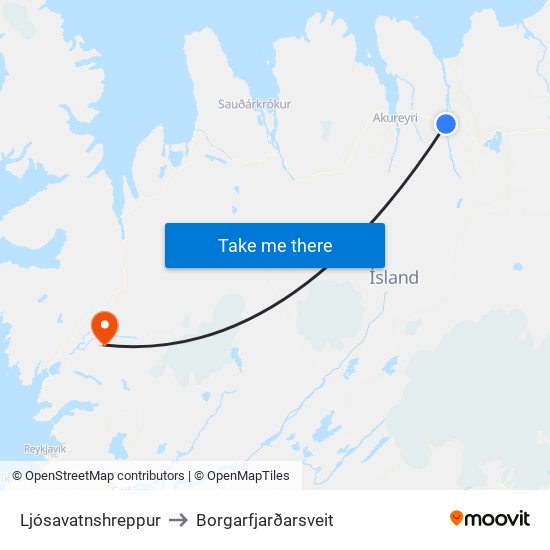 Ljósavatnshreppur to Borgarfjarðarsveit map