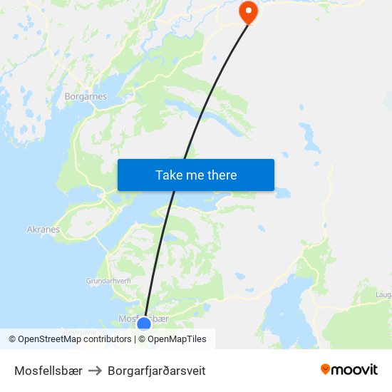 Mosfellsbær to Borgarfjarðarsveit map