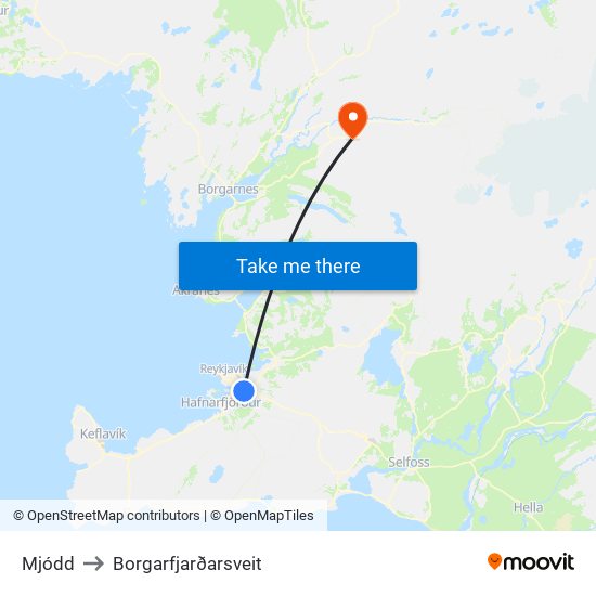 Mjódd to Borgarfjarðarsveit map