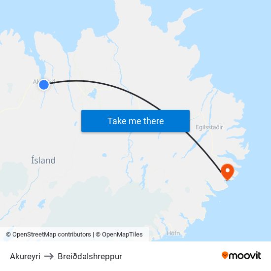 Akureyri to Breiðdalshreppur map