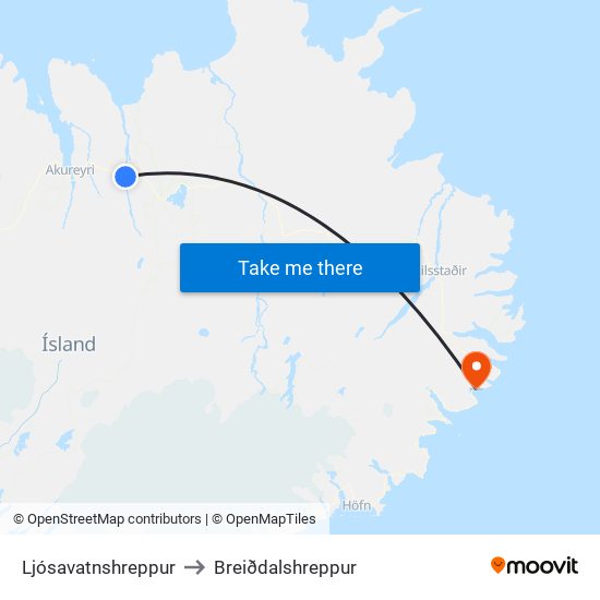 Ljósavatnshreppur to Breiðdalshreppur map