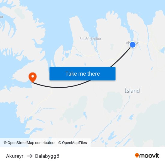 Akureyri to Dalabyggð map