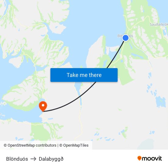 Blönduós to Dalabyggð map