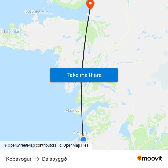 Kópavogur to Dalabyggð map