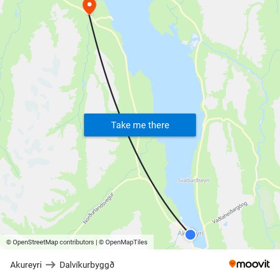 Akureyri to Dalvíkurbyggð map