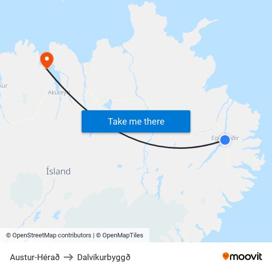 Austur-Hérað to Dalvíkurbyggð map