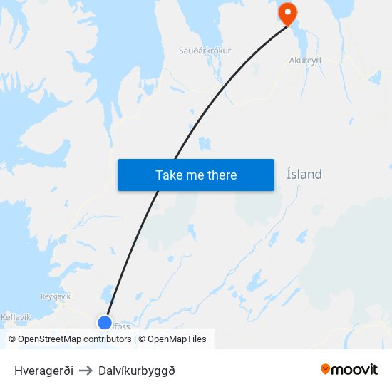 Hveragerði to Dalvíkurbyggð map