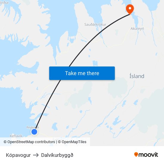 Kópavogur to Dalvíkurbyggð map