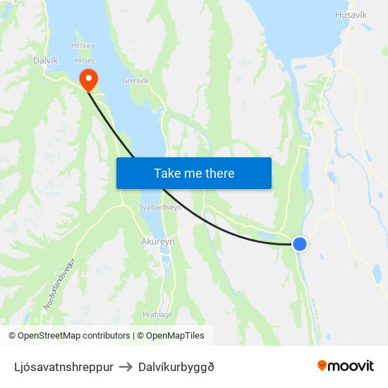 Ljósavatnshreppur to Dalvíkurbyggð map