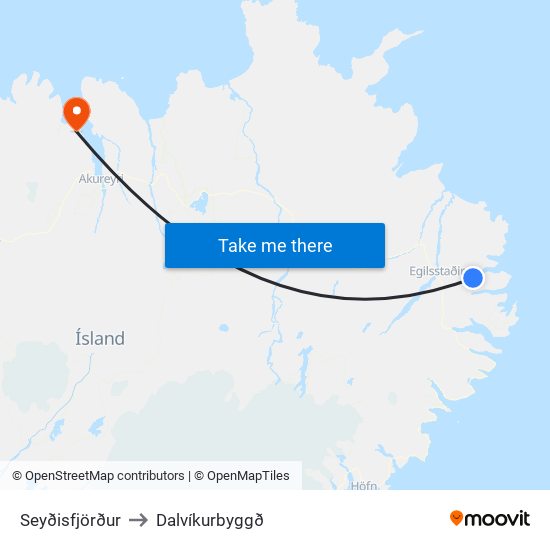 Seyðisfjörður to Dalvíkurbyggð map