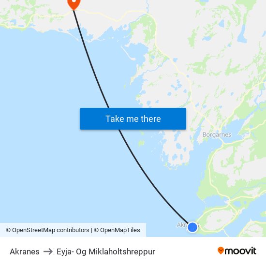 Akranes to Eyja- Og Miklaholtshreppur map