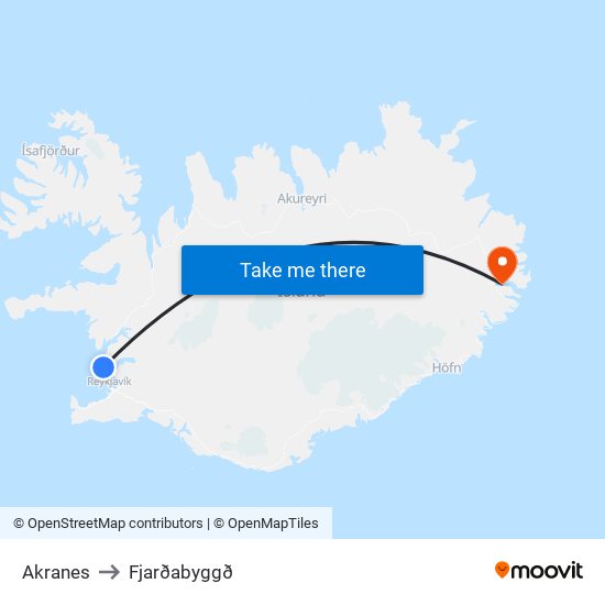 Akranes to Fjarðabyggð map