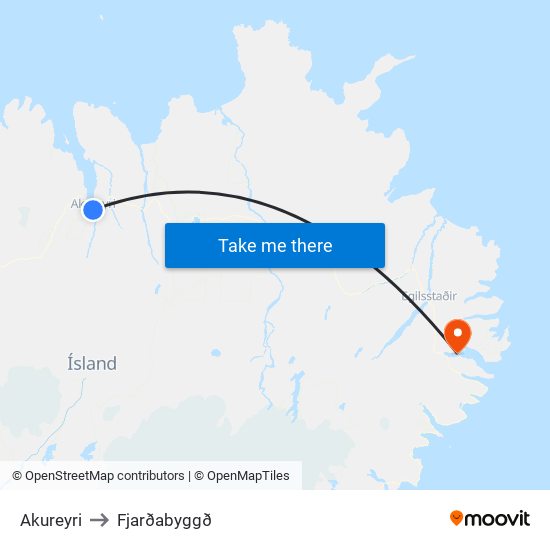 Akureyri to Fjarðabyggð map