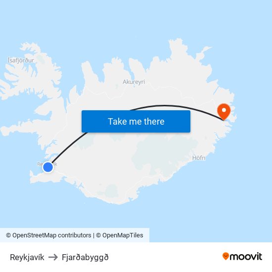 Reykjavík to Fjarðabyggð map