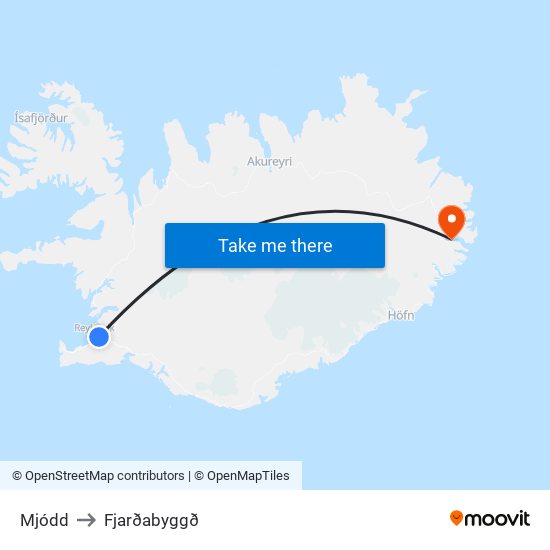 Mjódd to Fjarðabyggð map