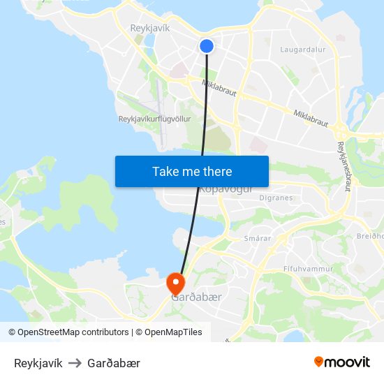 Reykjavík to Garðabær map