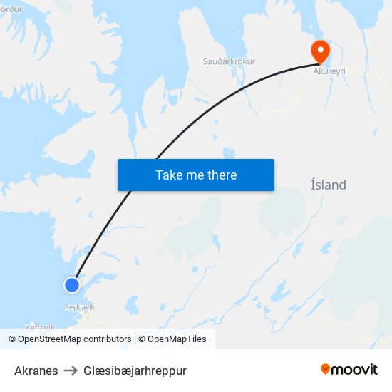 Akranes to Glæsibæjarhreppur map